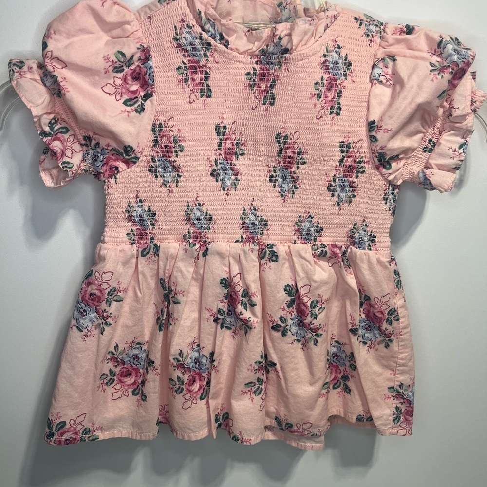 Janie and Jack Cotton Smocked Pink Floral Peplum Top Girls Size 6 Short Sleeve
